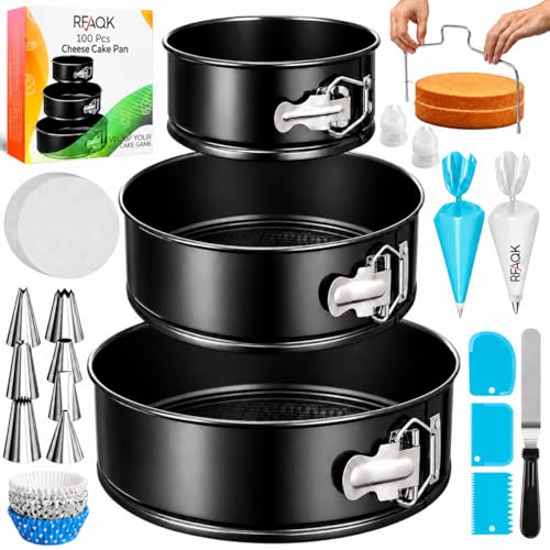 RFAQK Cake Tins for Baking 100 Pcs Springform Cake Tins Kit Includes 3 Round Non-Stick Cake Pan...