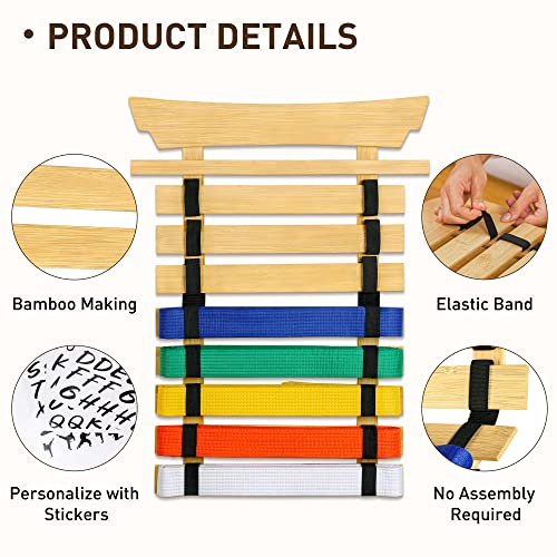 Winartton Bamboo Karate Belt Display Rack, 8 Belts Taekwondo Belt Display with Stickers, Martial Arts Belt Display, No Assembly Required, Belt Holder for Kids and Adults - Thumbnail 3