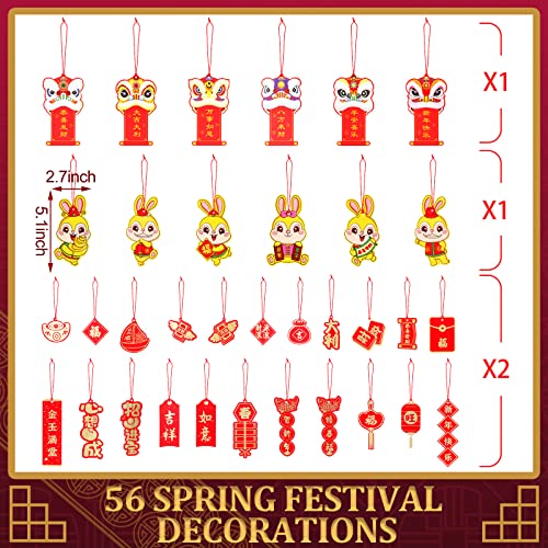 56 Pieces Chinese New Year Decorations 2023 Fu Character Pendants Year Of The Rabbit New Year Tree Decorations With Red Ropes Lunar Year Red Hanging Ornaments For Home Spring Car Tree Office Decor #TOP1