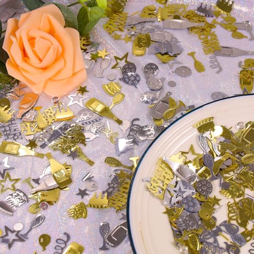 Image of Light Gold and Silver Happy Birthday Confetti, 3000 Pcs Birthday Cake Table Metallic Foil Confetti Party Table Decor for Party, Baby Shower, DIY Arts and Crafting