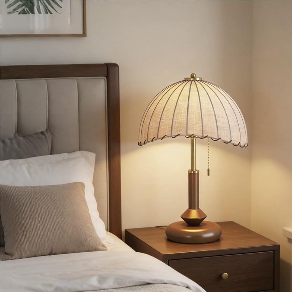 Lampada vintage in legno, lampada da lettura sul comodino | Base in legno massello, paralume in tessuto, retro francese, controllo a pulsanti, luce
