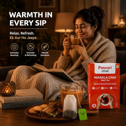 Image of Pansari Masala Chai - 25 Premium Tea Bags | Aromatic Blend of Black Tea & Indian Spices | Cinnamon, Cardamom, Clove & Ginger | Refreshing & Immunity-Boosting Spiced Tea