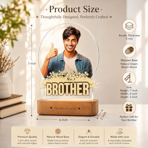 Image of ZOCI VOCI Personalized Rakhi Gift - No.1 Brother Custom UV Printed LED Photo Lamp with BT Speaker, WW Acrylic Night Lamp with Wooden Base, Customized Rakshabandhan Gift