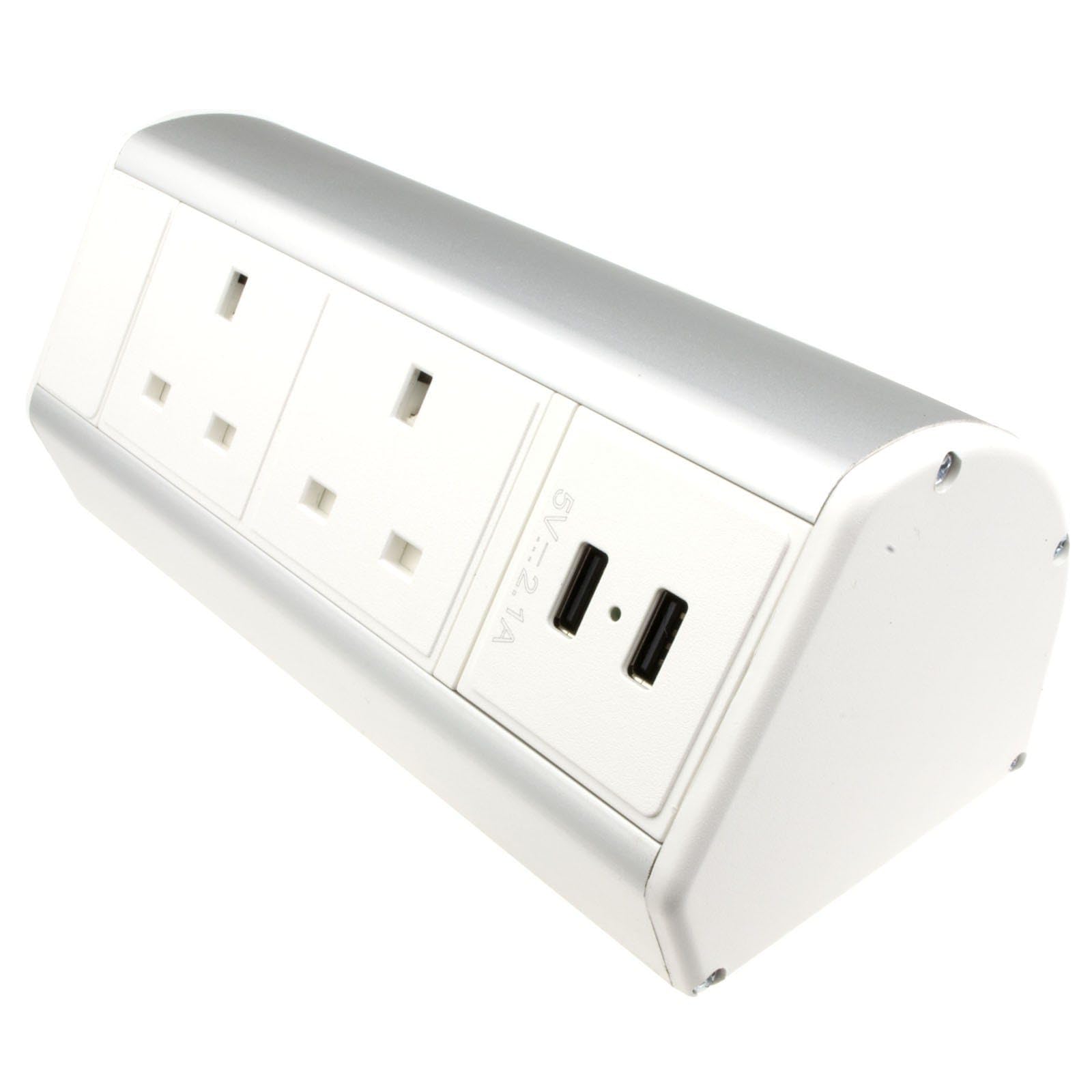 kenable Desktop Power Pod 2 UK Sockets 2 USB Ports Table Mount PDU Clamp Fitting Cable Management 2xUK/2xUSB White