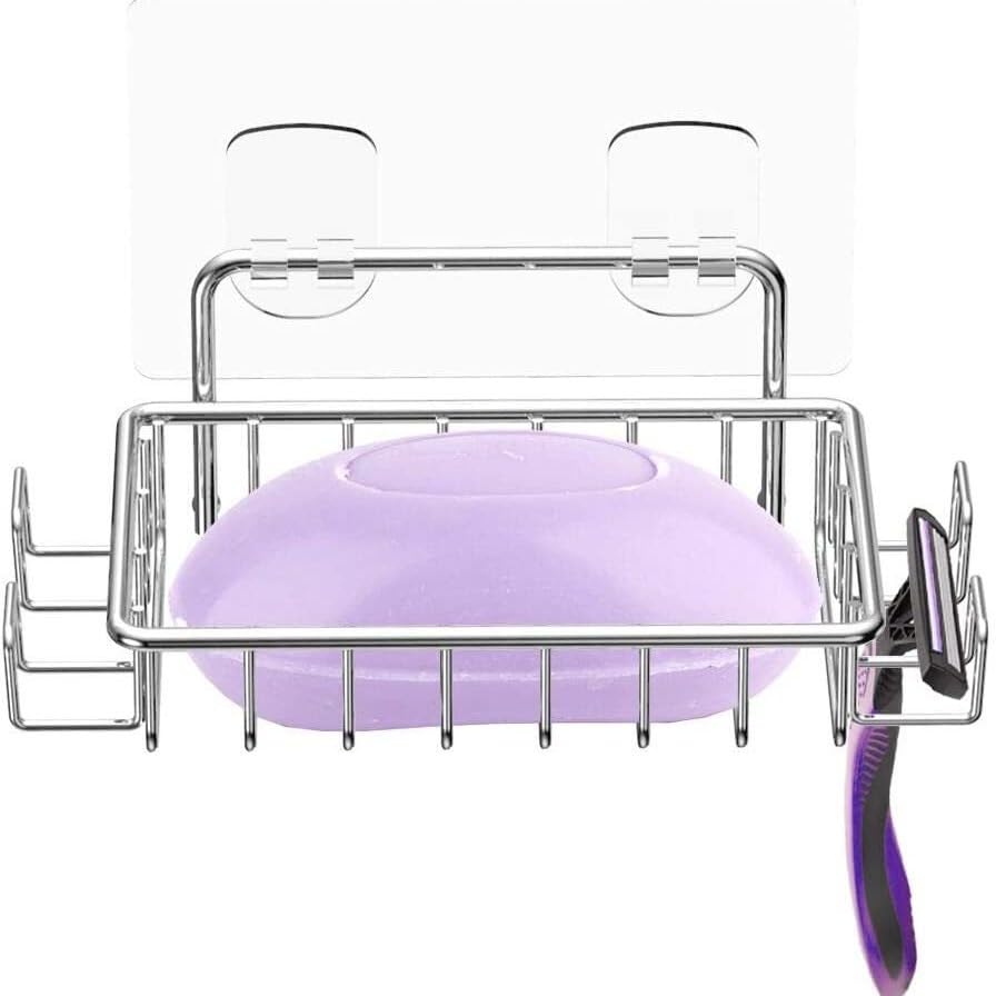 Lonimia Soap Dish,Shower Wall Soap Dish Holder with 4 Hooks Stainless Steel Adhesive Soap Dish for Bathroom Shower Razor Holder Silver