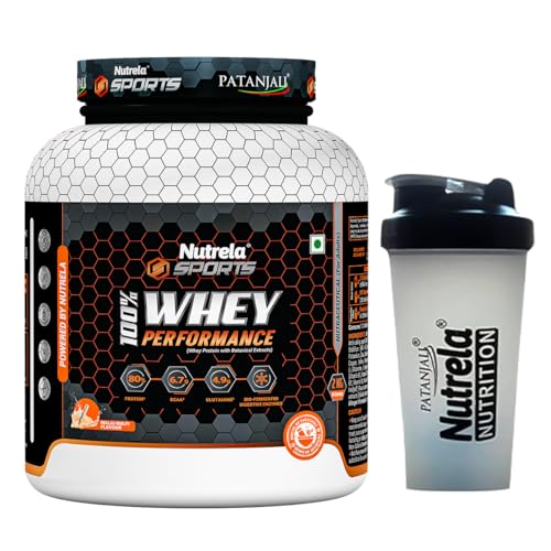 Image of NUTRELA Sports Patanjali Whey Protein 2kg with Shaker | Concentrate + Isolate | 24g Protein Per Scoop | 6.7g BCAA, 4.9g Glutamine with Digestive Enzymes for quick absorption & easy digestion | Muscle - Building & Recovery | 100% Vegetarian | Malai Kulfi