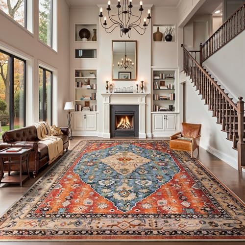 SERISSA Washable Rugs 9x12 Area Rugs, Large Non-Slip Boho Living Room Rug, Ultra Soft Vintage Print Distressed Oriental Tribal Farmhouse Carpet for Dining Room Bedroom Dorm Office Home Decor
