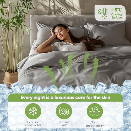 TWK Luxury Sheet Set, Genuine 100% Organic Viscose Derived from Bamboo, Cooling & Breathable, Silky Soft, Bedding Sheets & Pillowcases (Gray, Full)