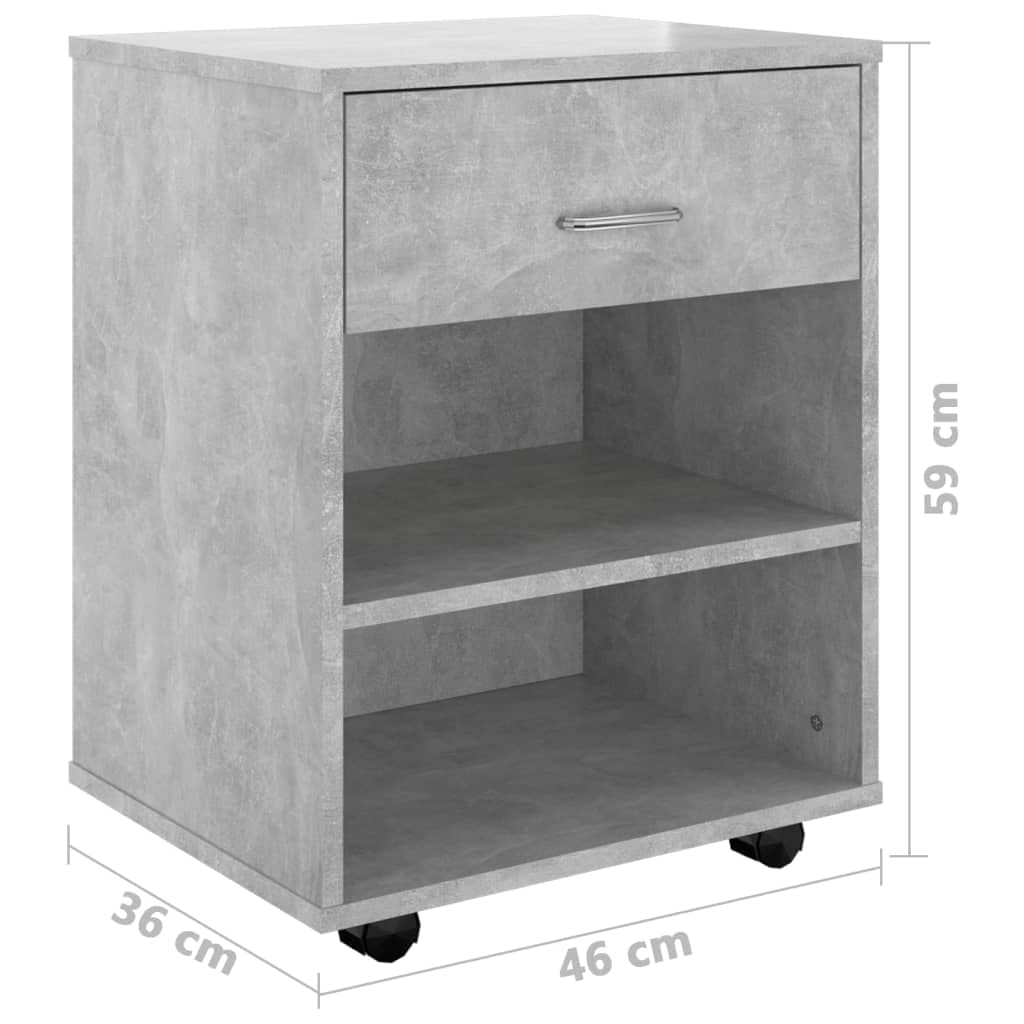 Mobiletto arrotolabile, grigio cemento, 46 x 36 x 59 cm, in legno, design moderno, con 4 ruote, bloccabile, per ufficio, casa, camera da letto, cucina, magazzino