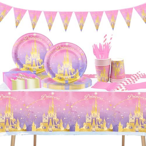 FAELNK Castelo louça princesa louça de aniversário infantil princesa louça de festa inclui pratos copos palhinhas guardanapos toalha de mesa para festa aniversário aniversário 10 convidados