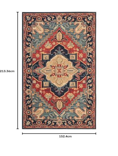 Image of Hand-Tufted Wool Carpet for Living Room 5x7 feet Navy Blue & Multicolor Traditional Design Anti-Skid High Pile Thick Carpet & Rugs for Bedroom & Hall