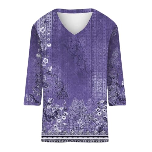 Blusa feminina de verão, estampa floral, manga 3/4, gola V, casual, solta, básica, vintage, estampad