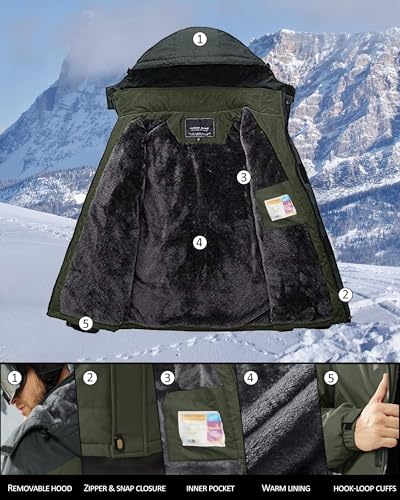 KEFITEVD Chaqueta de snowboard para hombre con forro cálido, chaqueta de esquí impermeable Softshell con capucha, chaqueta de invierno, transpirable, chaqueta funcional, Verde militar, L - imagen 3