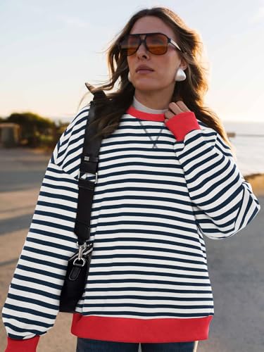 Image of PRETTYGARDEN Womens Striped Oversized Sweatshirt Color Block Crew Neck Long Sleeve Casual Loose Pullover Top Y2K Clothes