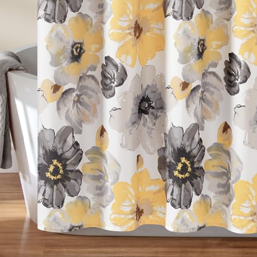 Image of Lush Decor Leah Floral Shower Curtain, 72 inch W x 72 inch L, Yellow & Gray - Fabric Shower Curtains - Watercolor Botanical Bathroom Curtain - Farmhouse & French Country Decor