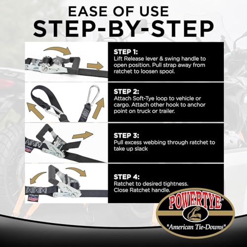 Image of PowerTye 1.5in x 6.5ft Heavy Duty Ratchet Tie-Down Straps with Soft-Tye and Carabiner Hooks - 1,000 lb Working Load Limit / 3,000 lb Breaking Strength - Made in USA - Purple /Black (Pair)