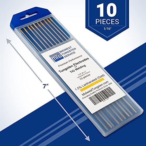 Image of Midwest Tungsten Service TIG Welding Tungsten Electrodes 10-Pack (Gold - 1.5% Lanthanated Tungsten (WL15 /EWLa-1.5), 1 /16 inch)