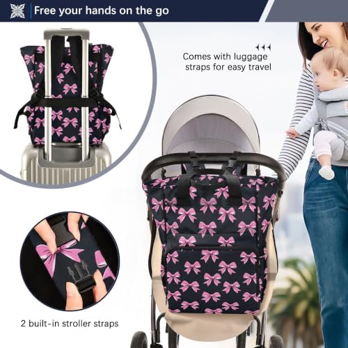 Mnsruu Diaper Bag Pink Bow Large Changing Backpack Multifunction Travel Tote Mommy Bag Baby Diaper Backpack for Mom Dad — view 2