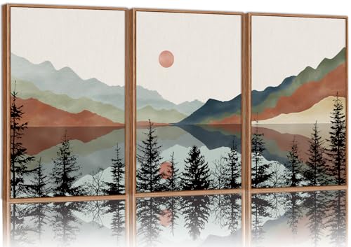 Tinonedraw Boho Mountain Framed Canvas Wall Art Set, Watercolor Nature Landscape Wall Decor, Black Pine Forest Artwork, Modern Sunrise Art Prints for Living Room, Bedroom, Office 16"x24"x3