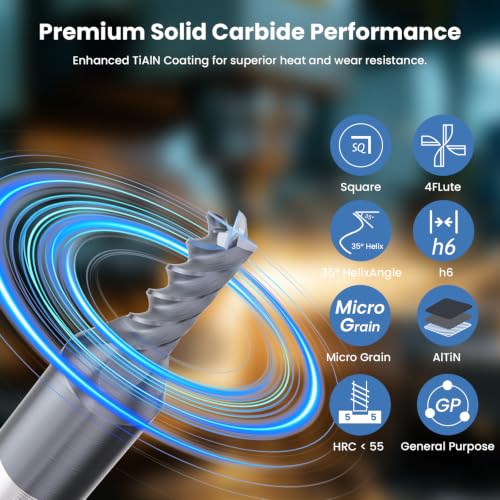 Image of LU&MN End Mills, Carbide Square Mill Bits Sets for Milling Alloy Steels, Hardened Steel, Metal & More, Ideal for DIYers and Professionals, 4T, 4 Flute (10, 1 /16 in)
