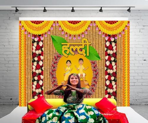 Image of DARSHANAM WORLD Wedding Decorative Cloth for Haldi & Mehndi Ceremony, Photoshoot, Haldi Background Enhancer for Mehndi Ceremony (8x5 ft, 3D Printed Backdrop with Floral & Logo Design) (Multicolor)