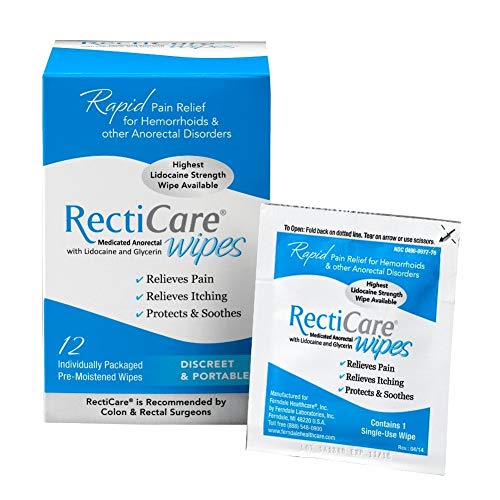 RectiCare Medicated Anorectal Wipes – Maximum Strength Topical Numbing – 5% Lidocaine & Glycerin – 12 Pack