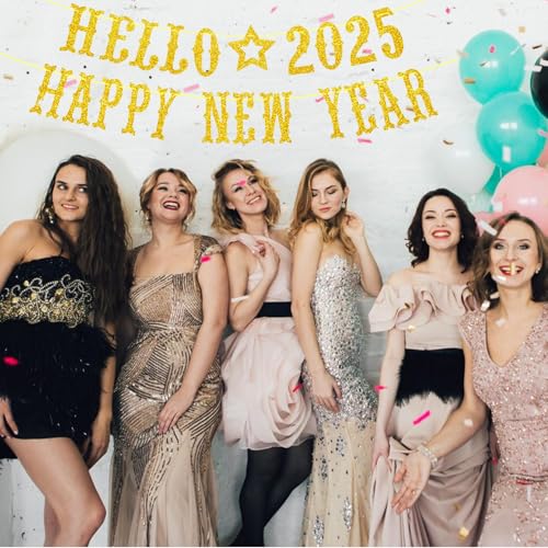 Glitter New Year Banner 2025 Bunting Banner Hanging Decorations, Hello 2025 Happy New Year Lettering Banner, 2025 New Years Eve Party Hanging Banner for Christmas New Year Party Home Bar Decoration - Image 4
