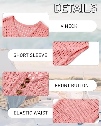 Image of Haloumoning Girls Crochet Swim Beach Cover Up Kids Fashion Button Short Sleeve Swimsuits Cover Ups 5-14 Years