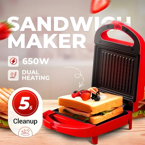 Sandwich Maker, Household Multi-Functional Breakfast Griller, Dual Non-Stick Plates, Fast Heating Electric Omelet, French Toast Panini Press, Tuna Melts, Cool Touch Handle for Camping Barbecue (Red)