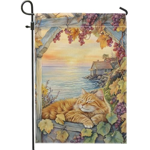 Autumn Cats Garden Flag, Orange Ginger Cat Sunset Decoration for Home, Double Sided Fall Yard Banner, Outdoor Halloween Lawn Decor, Cozy Vineyard Theme 12x18 Inch