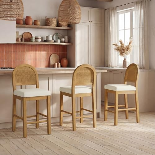 Rattan Counter Height Bar Stools Set of 3, Upholstered Farmhouse Barstools with Natural Rattan Back, Wooden Legs for Kitchen Island, Walnut/Linen