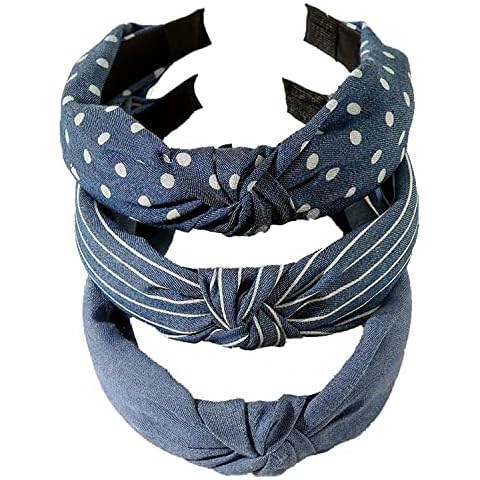 Lvyeer Denim Knotted headbands for Women Wide Knot Headband for Women Polka Dot Striped Blue Fashion Hairband Women and Girls Cute Hair Accessory (3 Pcs A) Cover
