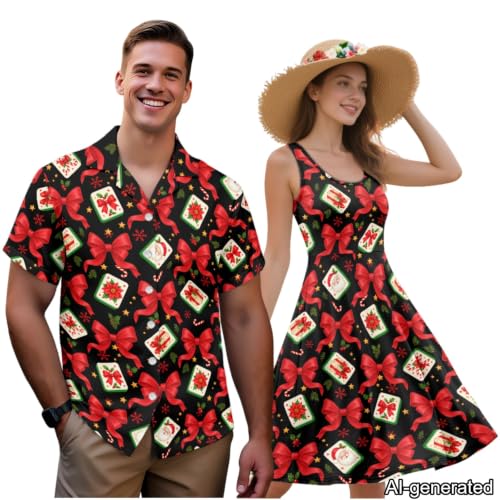 Image of Dreaweet Summer Dresses for Women A-Line Sleeveless Flowy Sun Dresses,Men's Casual Button-Down Shirts,Couple Matching Outfits
