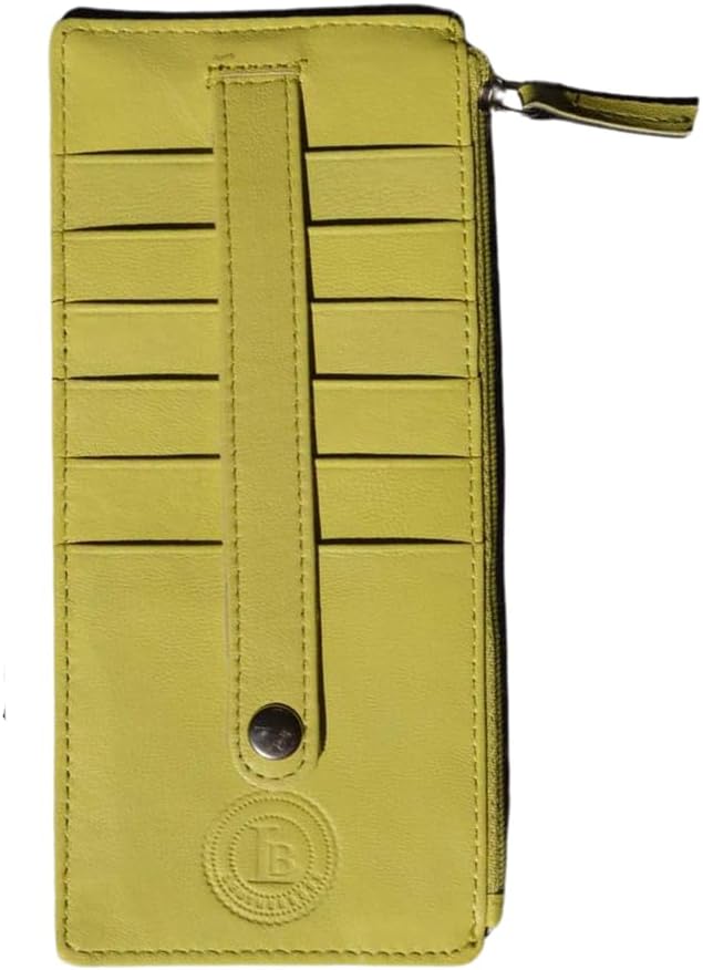 Leatherboss Genuine Leather Women's All in One Credit Business Card Case Holder Slim Zipper Wallet With a Card Protection Strap, Lemon