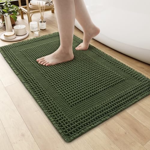 AMOAMI Waffle Bath-Mat, Absorbent Bath Mats for Bathroom Non Slip, Machine Washable Bathroom Rugs with Tassels Ultra Soft Boho Bath Rugs for Floor 17"x24" Dark Green by AMOAMI - Used condition - US$15.58