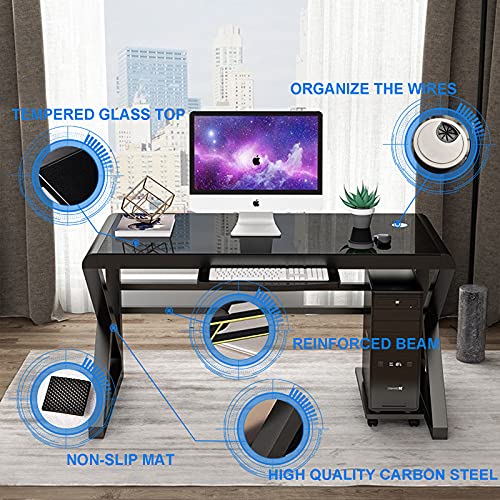 Bingtoo Computer Desk Glass Top Metal Frame, 55.1" Home Office Desks & Workstation Modern Office Writing Gaming Study Work Glass Computer Table Desk #TOP5
