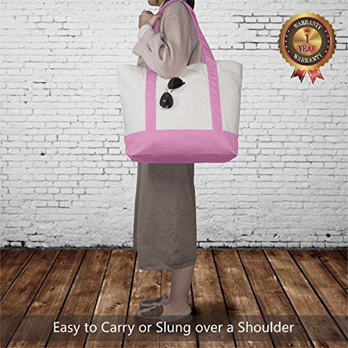 Image of TOPDesign 1-Pack Canvas Tote Bag with an External Pocket, Reusable Grocery Shopping Bag, Top Zipper Closure, Daily Essentials (Pink /Natural)