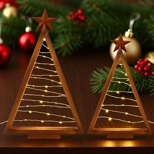 2Pack Wooden Tabletop Christmas Trees with Lights,Farmhouse Lighted Christmas Tree,Small