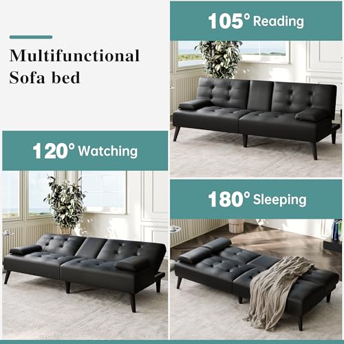 Meilocar 64\" Futon Sofa Bed, Convertible Loveseat with 2 Cup Holders, Small Couch with 3 Adjustable Angles & Removable Armrest, Modern Sleeper Sofa for Apartment, Office (PU Leather, Black) - Thumbnail 5