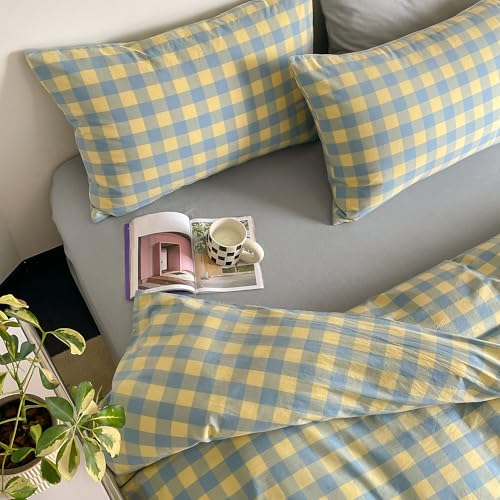 Image of mixinni Plaid Duvet Cover Set King Yellow - Soft Washed Cotton Modern Geometric Bedding Set with 2 Pillowcases, Blue Green Gingham Grid King Duvet Cover for Men & Women, Soft & Lightweight