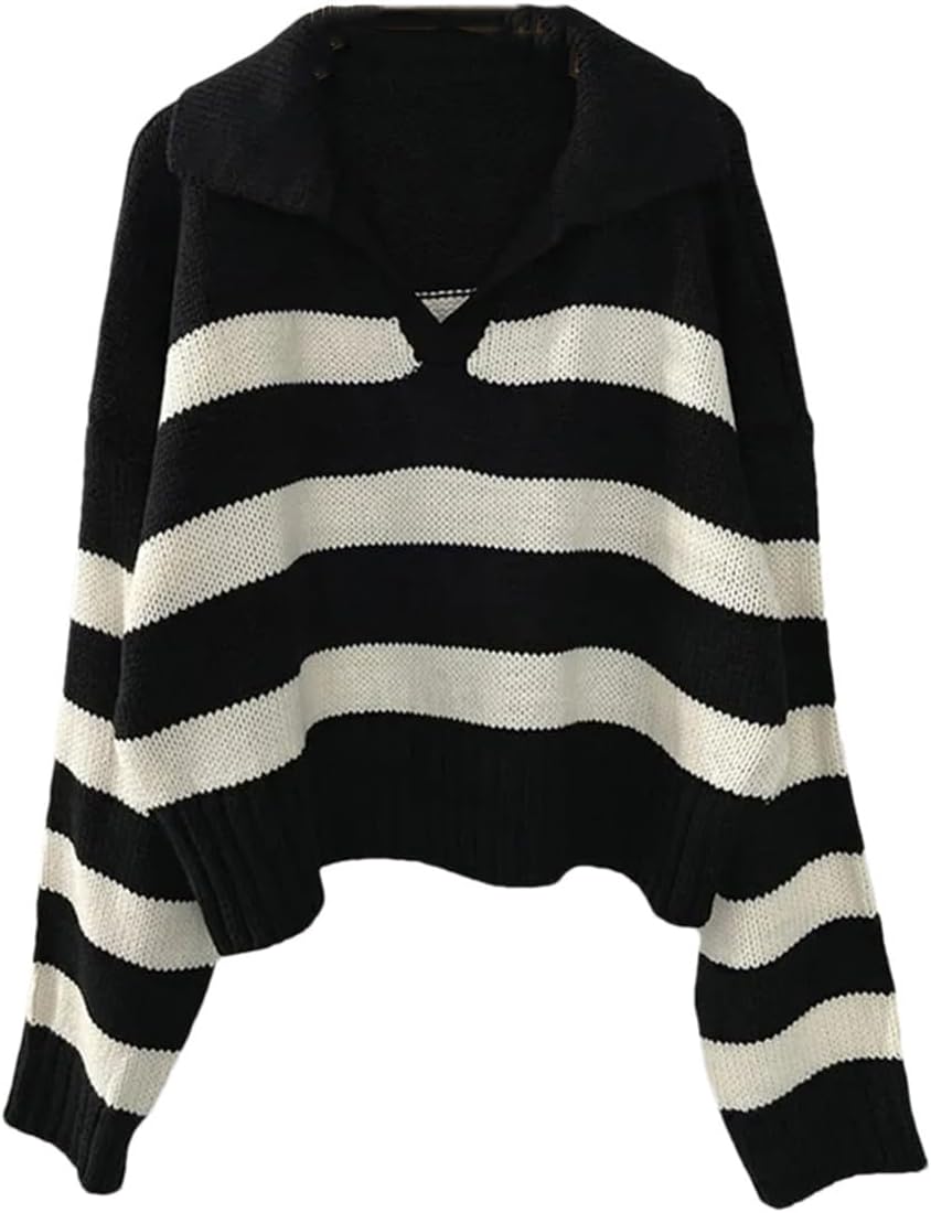 Women's Loose Striped Knitted Pullover Sweater Lapel Casual Long Sleeve Knit Jumpers Tops