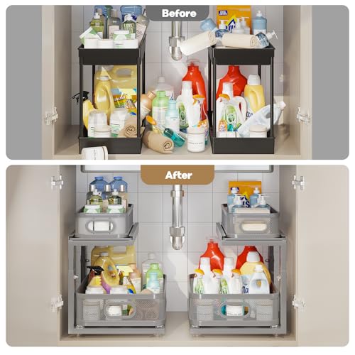 Image of 2 Pack 15.5IN-Depth Under Sink Organizer With Next-Gen Ball-Bearing Slides,2-Tier Precision Mesh Pull Out Cabinet Storage for Bathroom&Kitchen,Height Adjustable Drawers Shelf,Anti-rust-Grey