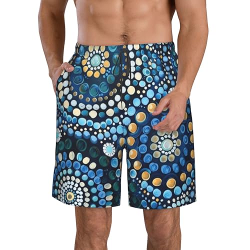 Men's Quick Dry Swim Shorts Traditional Aboriginal Dot Art Abstract Green Blue Beach Trunks with Pockets