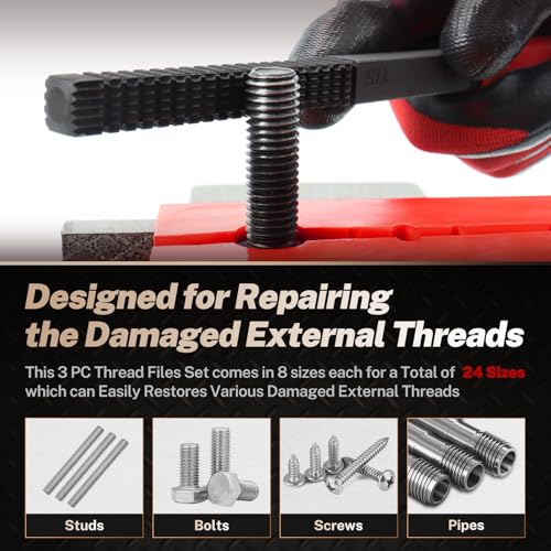 Image of TOMMARS 3-Piece SAE and Metric Thread File Set for External Threads | Thread Restorer and Chaser Repair Tools for Cleaning and Restoring Damaged External Threads in Standard and Metric Sizes