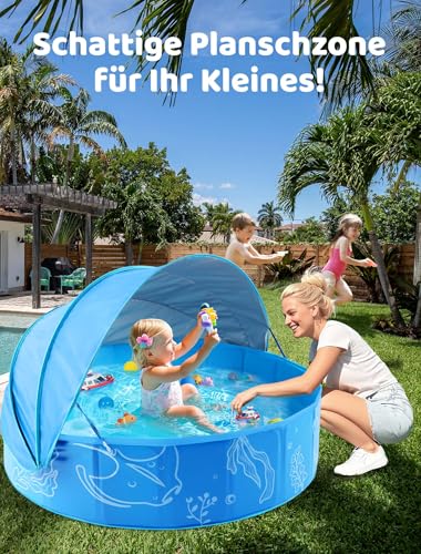 Hikiddy Planschbecken mit Schatten:47 Zoll Pop-Up Splash Pool mit Schatten für Sommer Strand Garten (Blau, 47 Zoll)