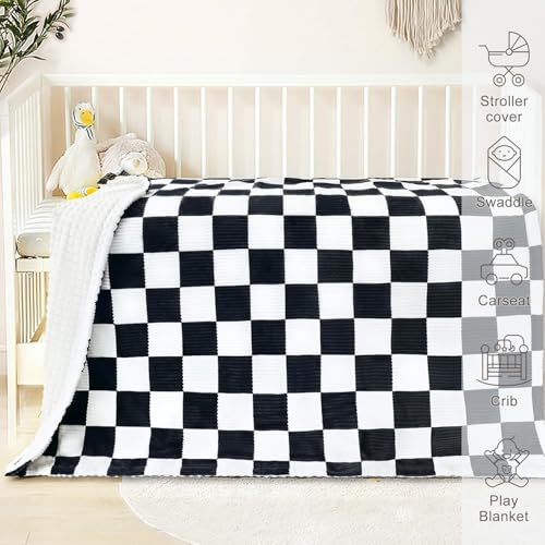 Image of HOMRITAR Black and White Baby Blanket for Boys Ultra Soft Warm Lightweight Toddler Blanket with High Contrast Checkered, 3D Double Layer Fleece for Newborn Visual Touch Sensory 30x40 Inch