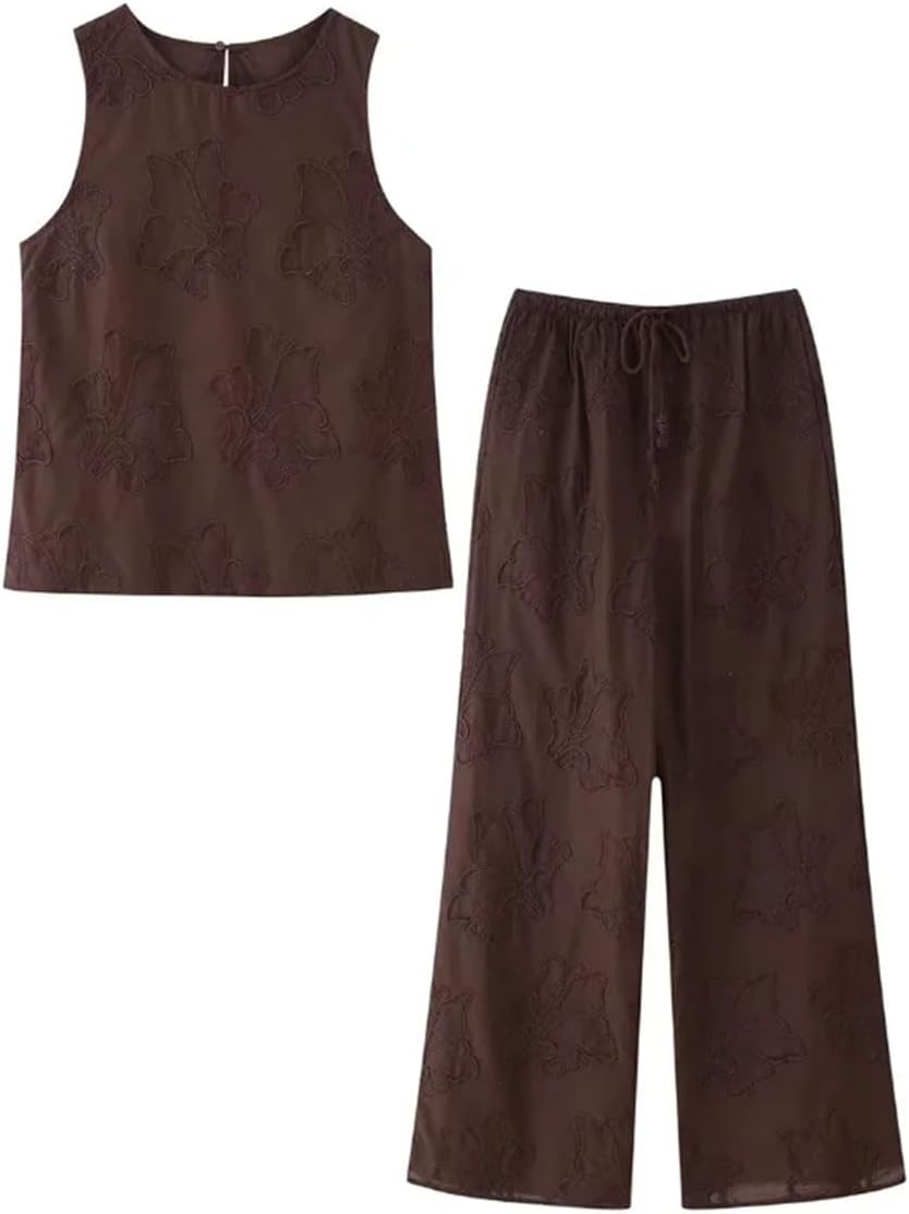 Women's Embroidered High Waist Lace-Up 2-Piece Suit of Vintage O-Neck Casual Vest