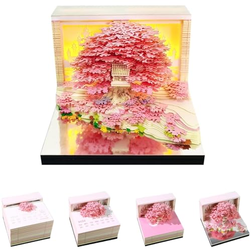 TOWEBOORY 立体カレンダー 2026 3Dカレンダー メモパッド 卓上 可愛い メモ帳 付箋 ウィークリーカレンダー ライト付き 3Dペーパーアート クリエイティブ 紙彫刻 メッセージペーパー 誕生日 クリスマス プレゼント 新築祝い (ピンクツリー)