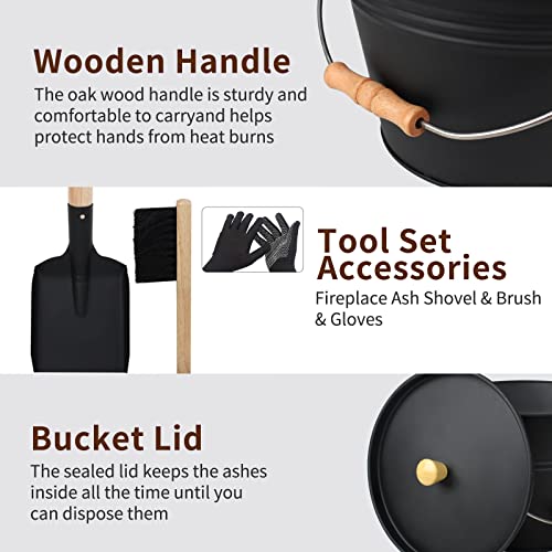 Poofzy Ash Bucket with Lid, 1.3 Gallon Ash Bucket for Fireplace, Metal Fireplace Bucket for Ashes includes Shovel, Hand Broom and Gloves for Wood Burning Stove, Fire Pit and Grill