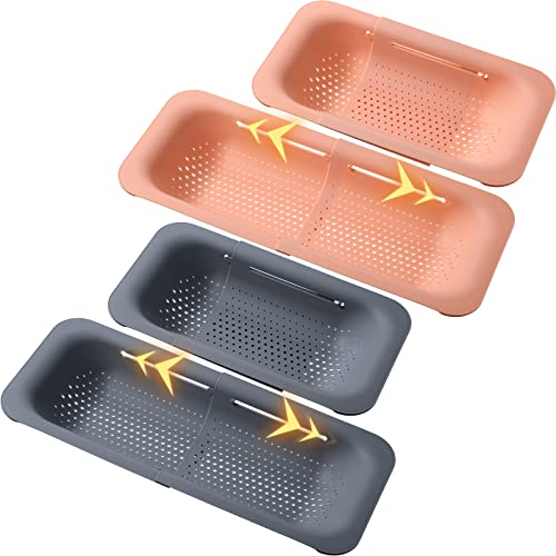 Roshtia 4 Pcs Over The Sink Colander Strainer Basket Collapsible Colander Extendable Kitchen Sink Strainer To Wash Vegetables Fruits Drain Pasta Noodle Food, 7.9" W X 14.2-19.4" L X 2.75" H, Pink Grey #TOP15